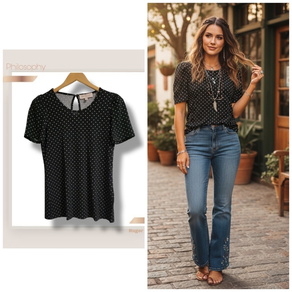 Philosophy Tops - 🌿Philosophy Women's Small Black & White Polka Dot Flared Shoulder Top